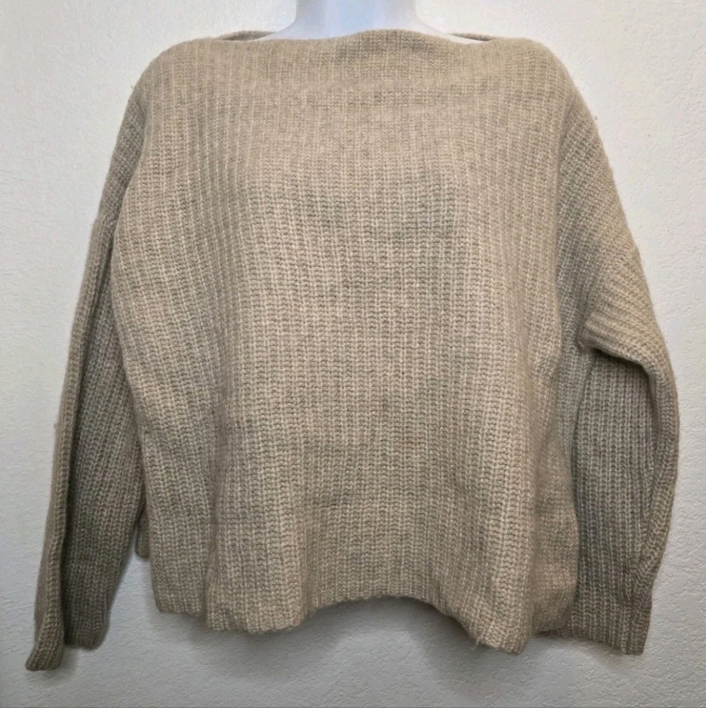 Vince Neutral Tan Boxy Yak Wool Boatneck Textured Knit Pullover Sweater Large